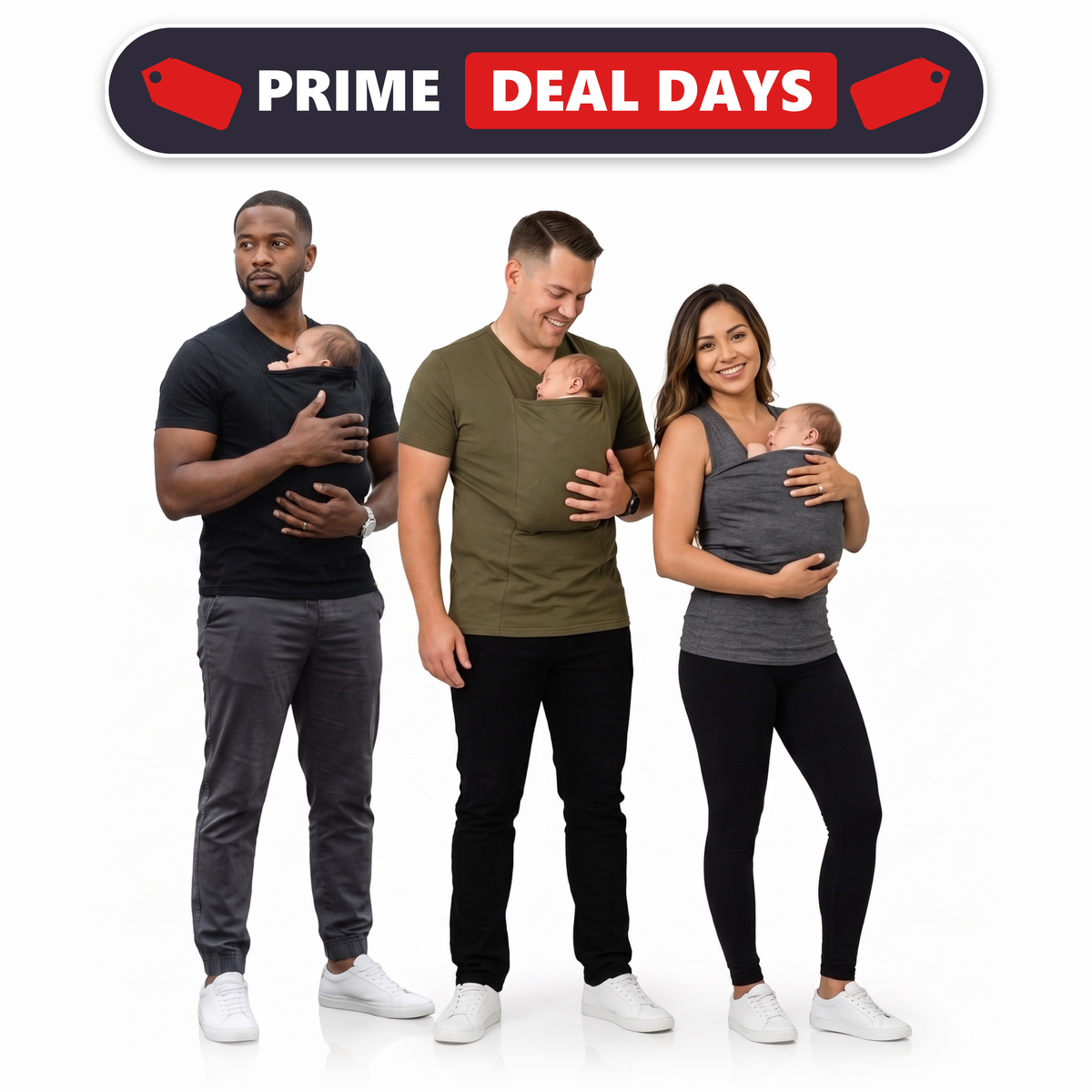 Prime Deal Days: three parents each holding a newborn in the LIOR kangaroo pocket bonding shirt