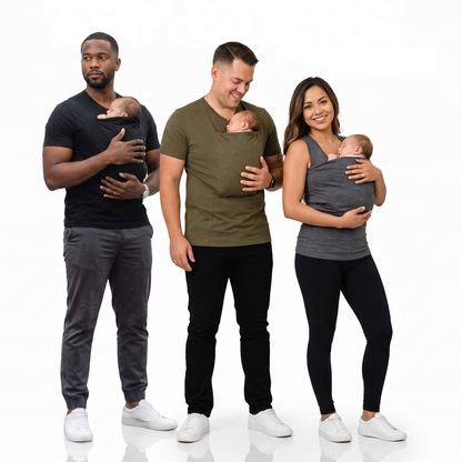 Three parents each carrying a newborn in the LIOR kangaroo pocket bonding shirt