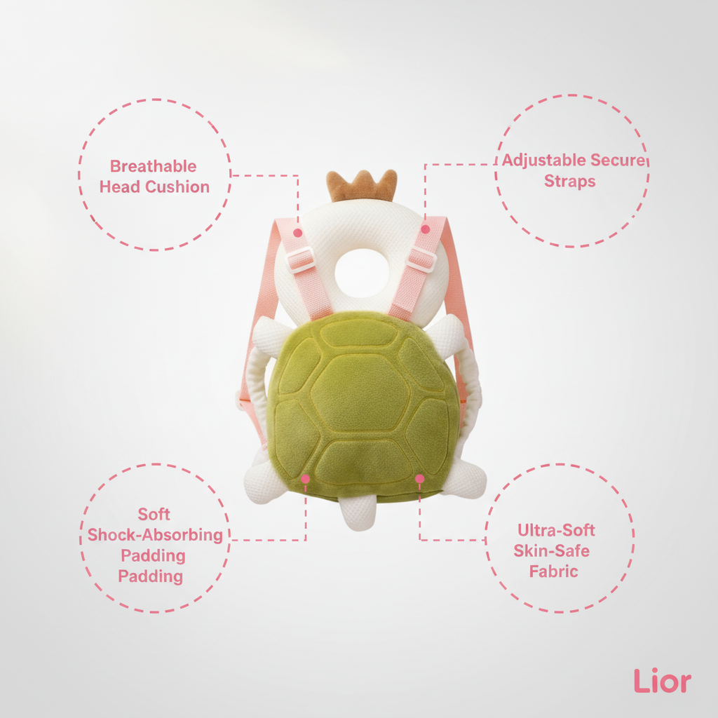 Lior Baby Backpack features: Breathable Head Cushion, Adjustable Straps, Soft Padding, Skin-Safe Fabric
